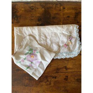 Vintage Embroidered Linen Tablecloth & Napkin Set With Floral Design & Crochet